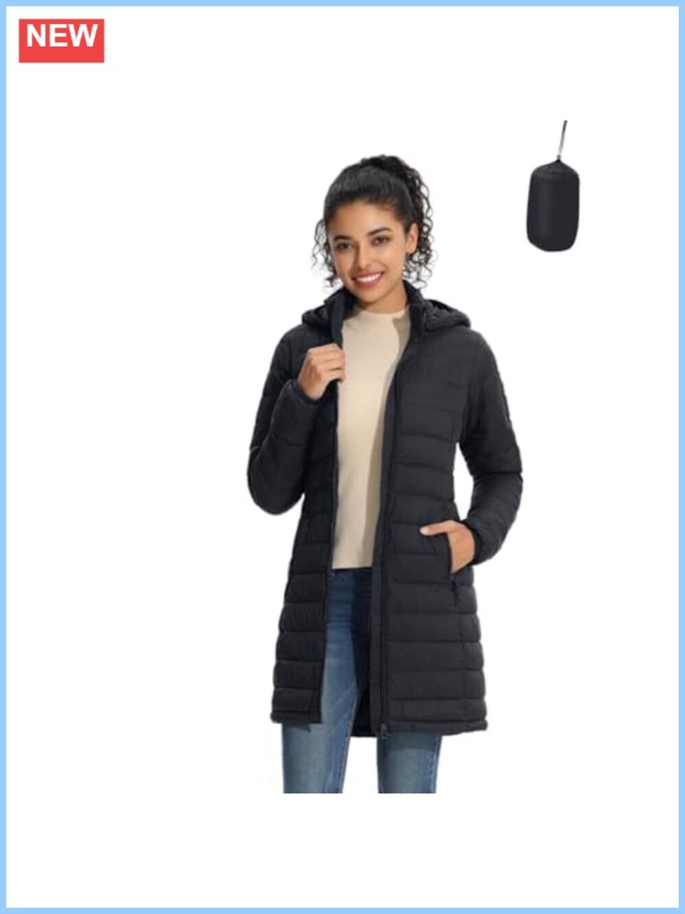 Packable Water-Resistant Puffer Jacket with Detachable Hood, Quilted, Polyester